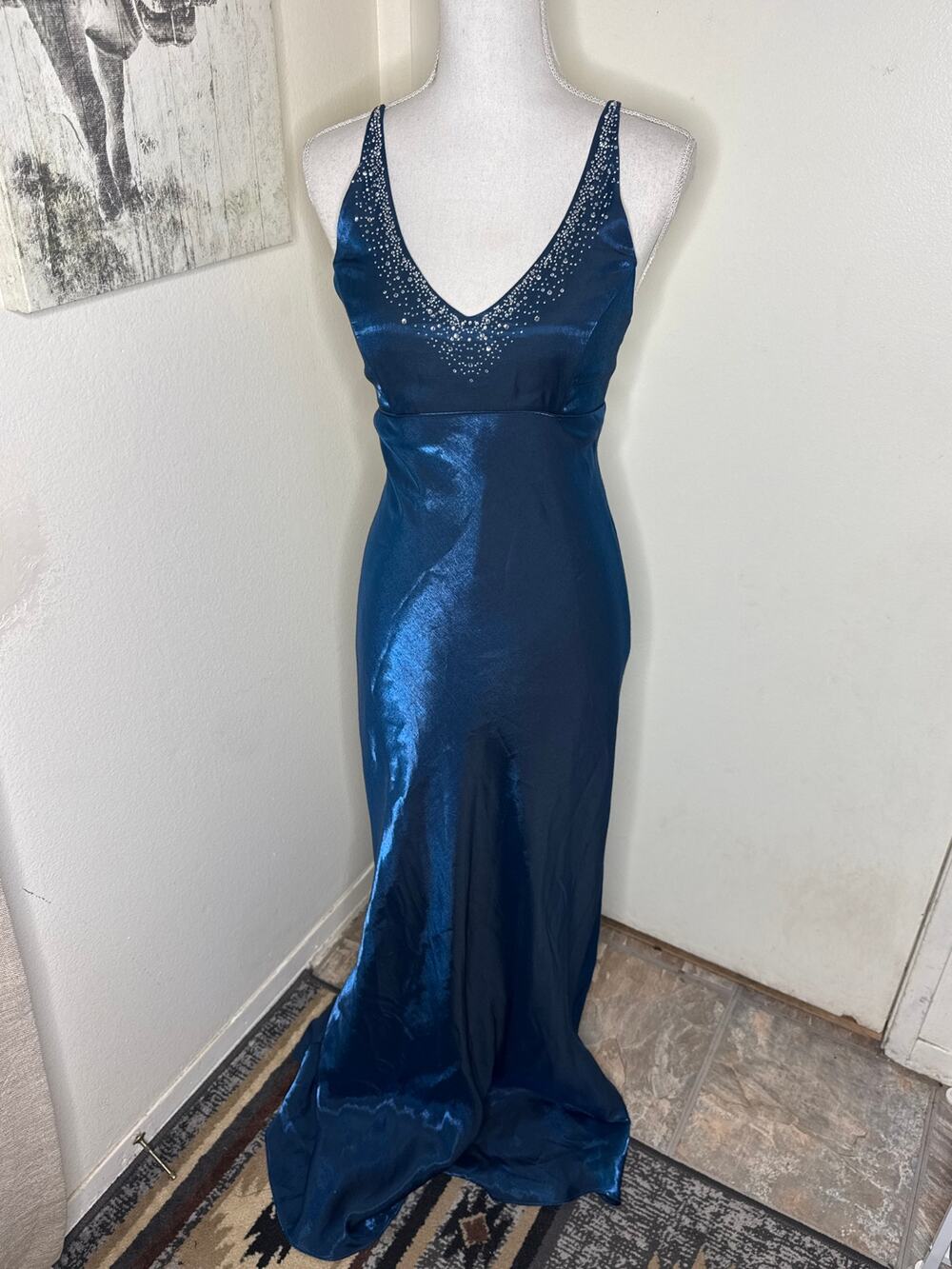 VTG 90s Blondie Nites Iridescent Blue Liquid Satin Prom Gown Gemstone Neck SZ 5